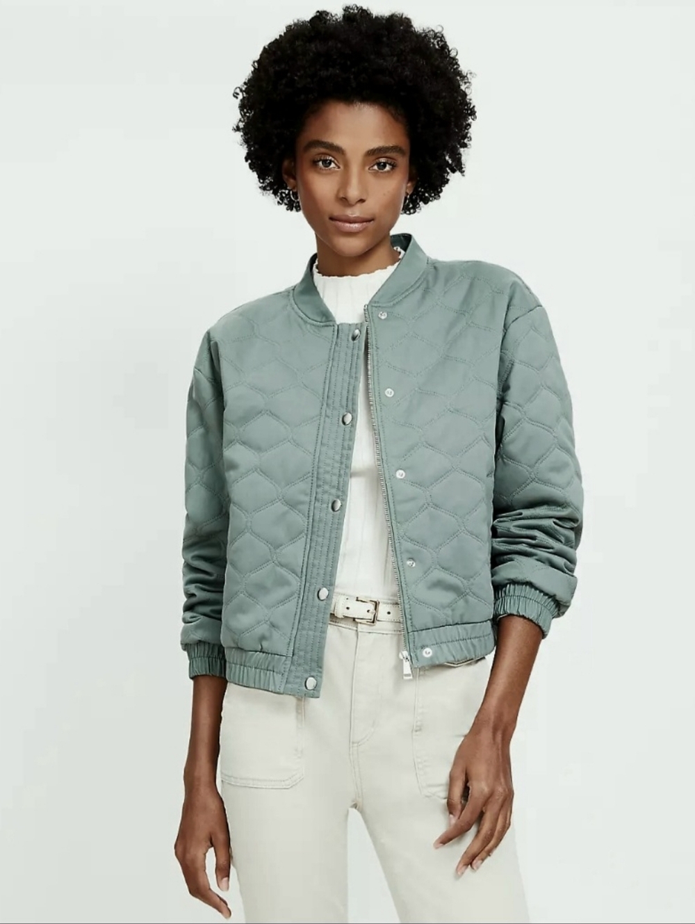 LOFT Quilted Bomber Jacket Sage Green Zip/Snap Front Pockets Barn/Chore Coat S
